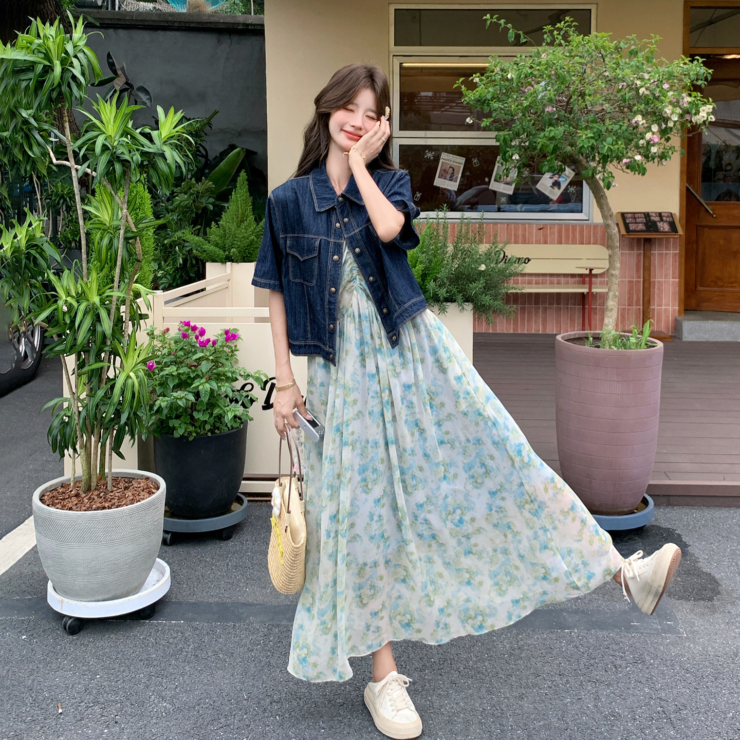 港味复古名媛高级感套装女夏日牛仔外套印花吊带裙两件套2026新款
