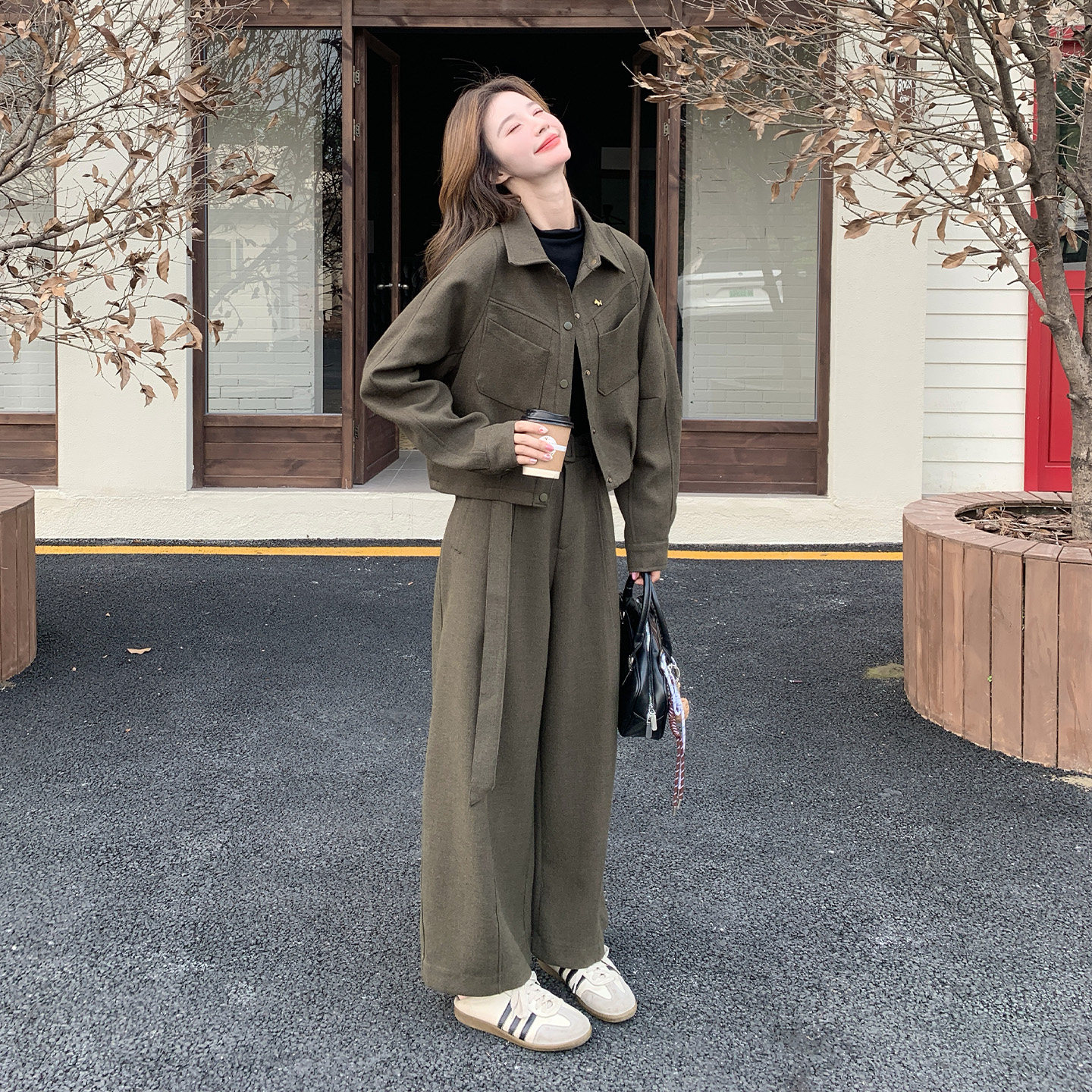 复古军绿春秋阔腿裤三件套女