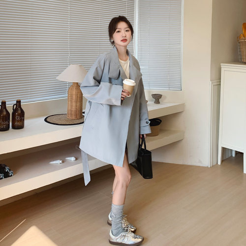 蓝色立领中长款宽松显瘦风衣女