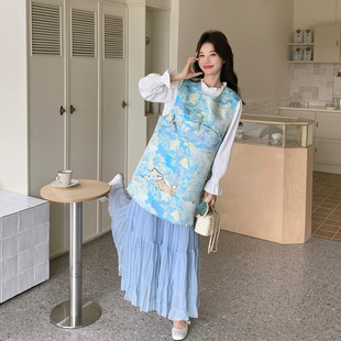 新中式国风超好看印花马甲套装女2026春新款花边内搭半身裙三件套