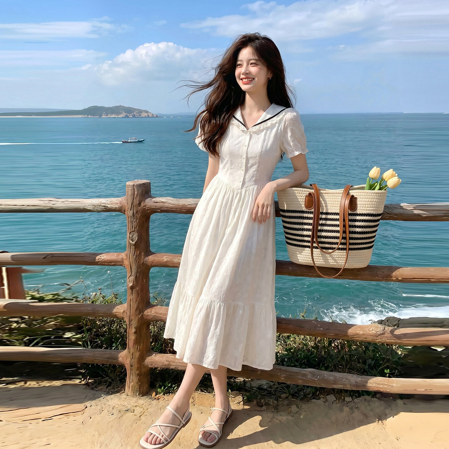 法式清新减龄甜美风连衣裙2026新款夏日海岛浪漫度假风花边A字裙
