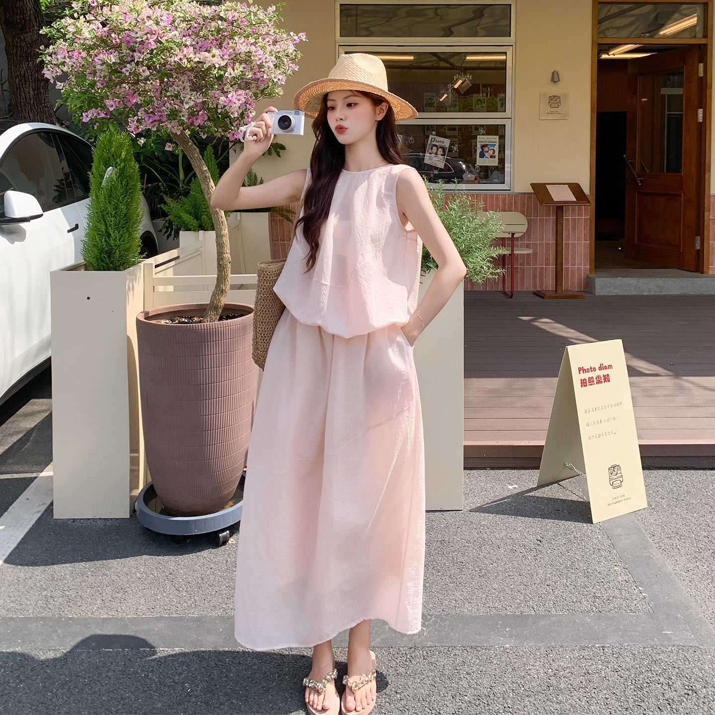 粉色温柔甜美风夏日绝美穿搭女2026新款花苞无袖背心半身裙两件套