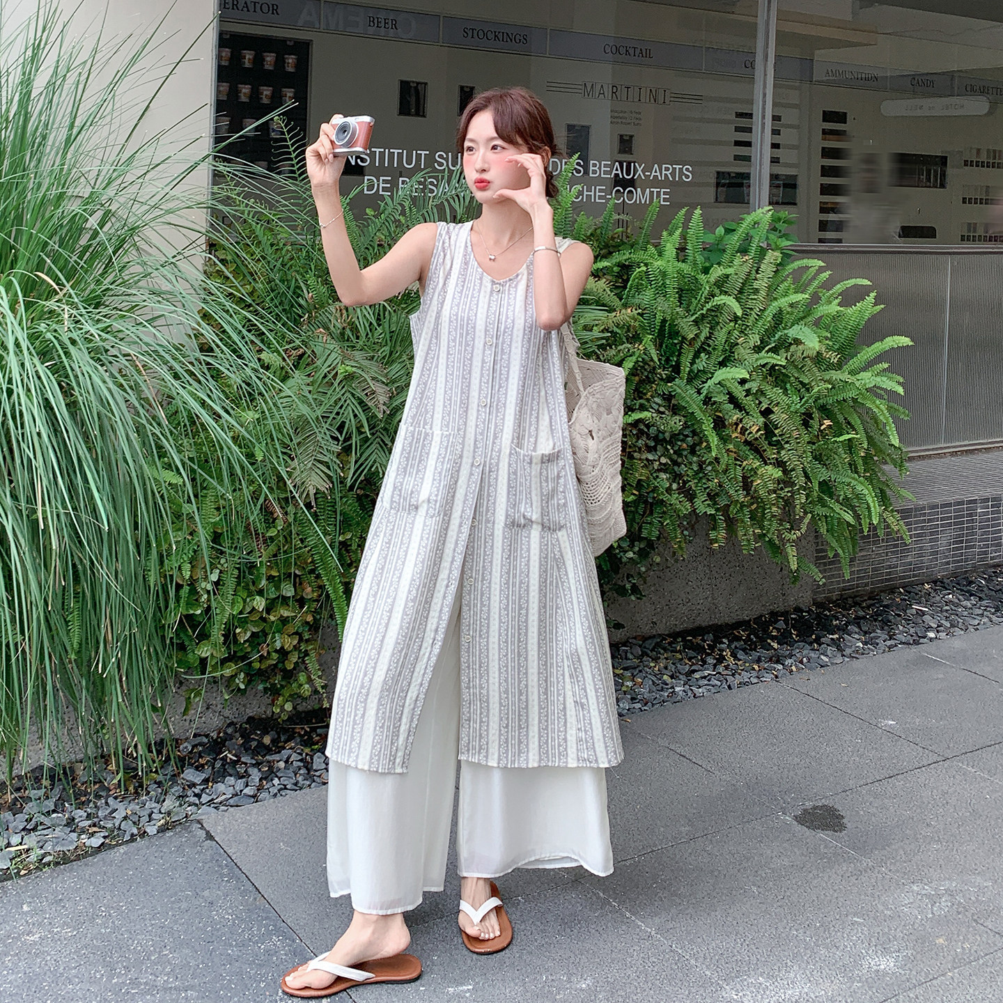 2026初夏新款日系文艺风叠穿套装女松弛感条纹背心裙阔腿裤两件套