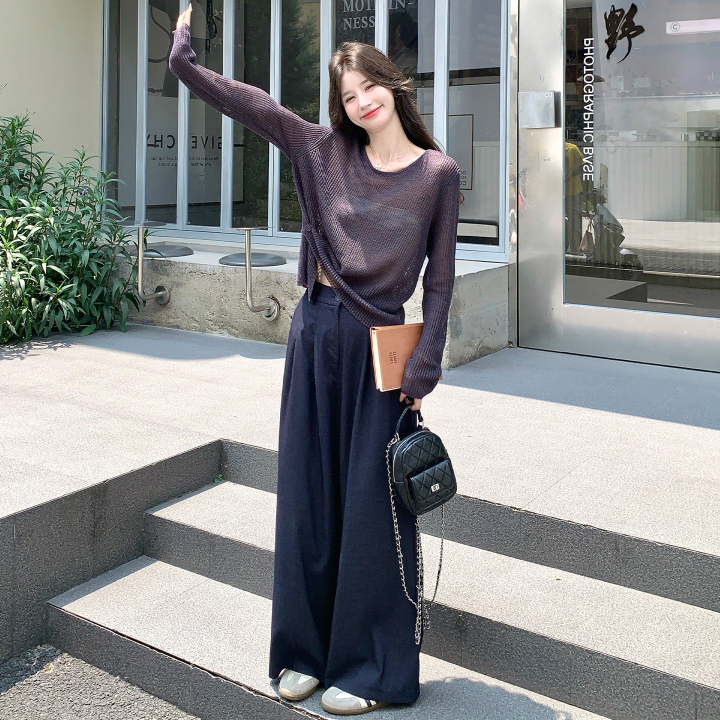轻熟风针织罩衫阔腿裤套装女