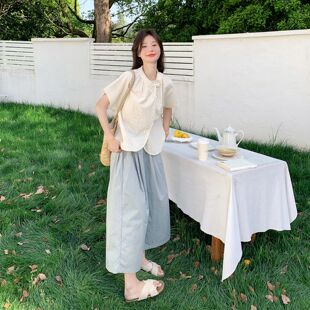 森系清纯松弛感套装女2026早春新款短袖绣花衬衫休闲阔腿裤两件套