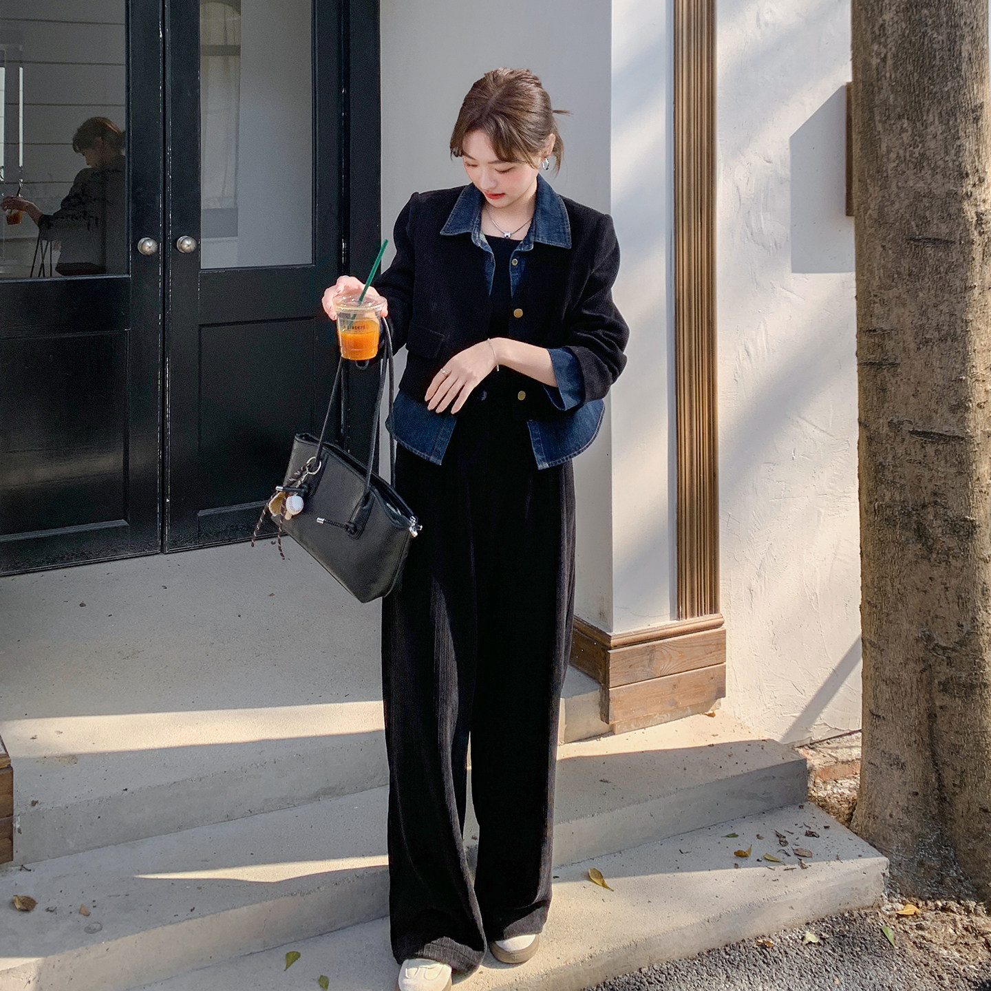 黑色可盐可甜牛仔拼接套装女2026春款假两件撞色上衣阔腿裤两件套