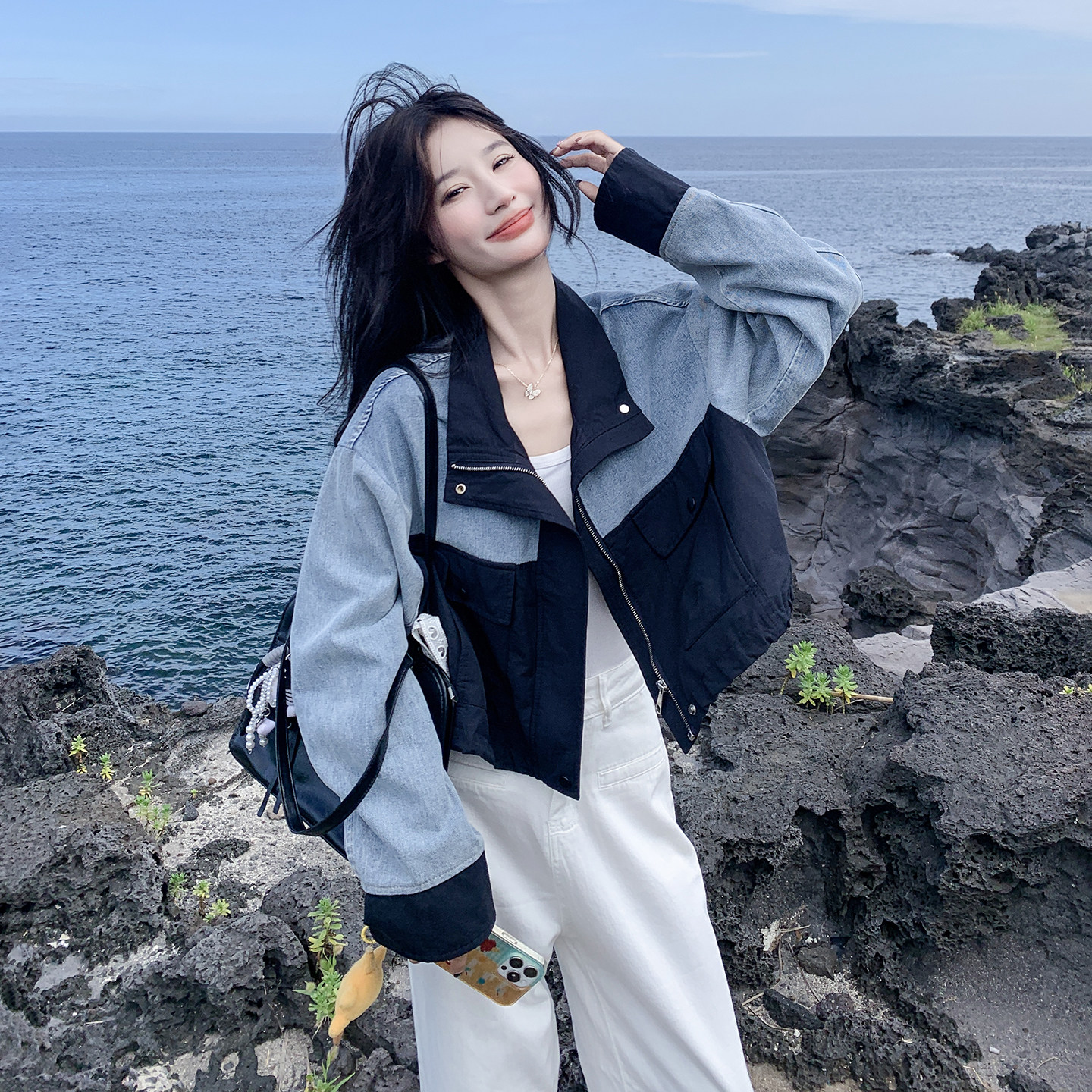 韩系设计感撞色拼接牛仔短外套女2026春季小个子时尚休闲夹克上衣
