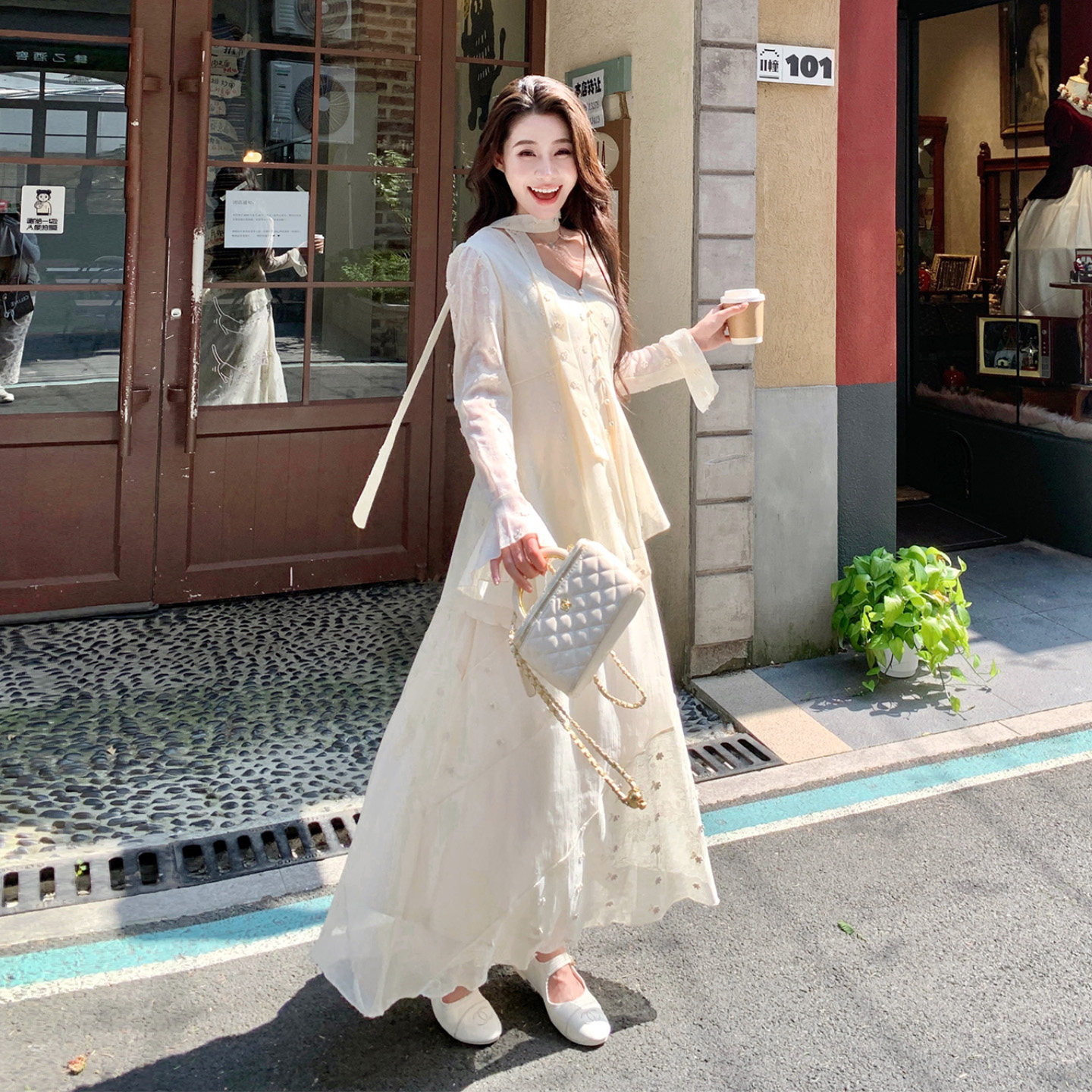 法式V领提花女秋季气质两件套
