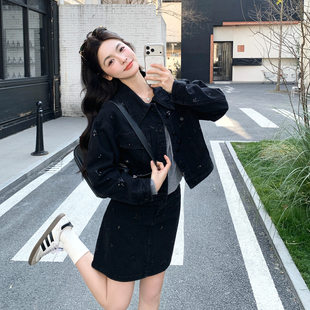 早春甜酷高级感亮片套装女小个子2026新款时尚夹克高腰短裙两件套
