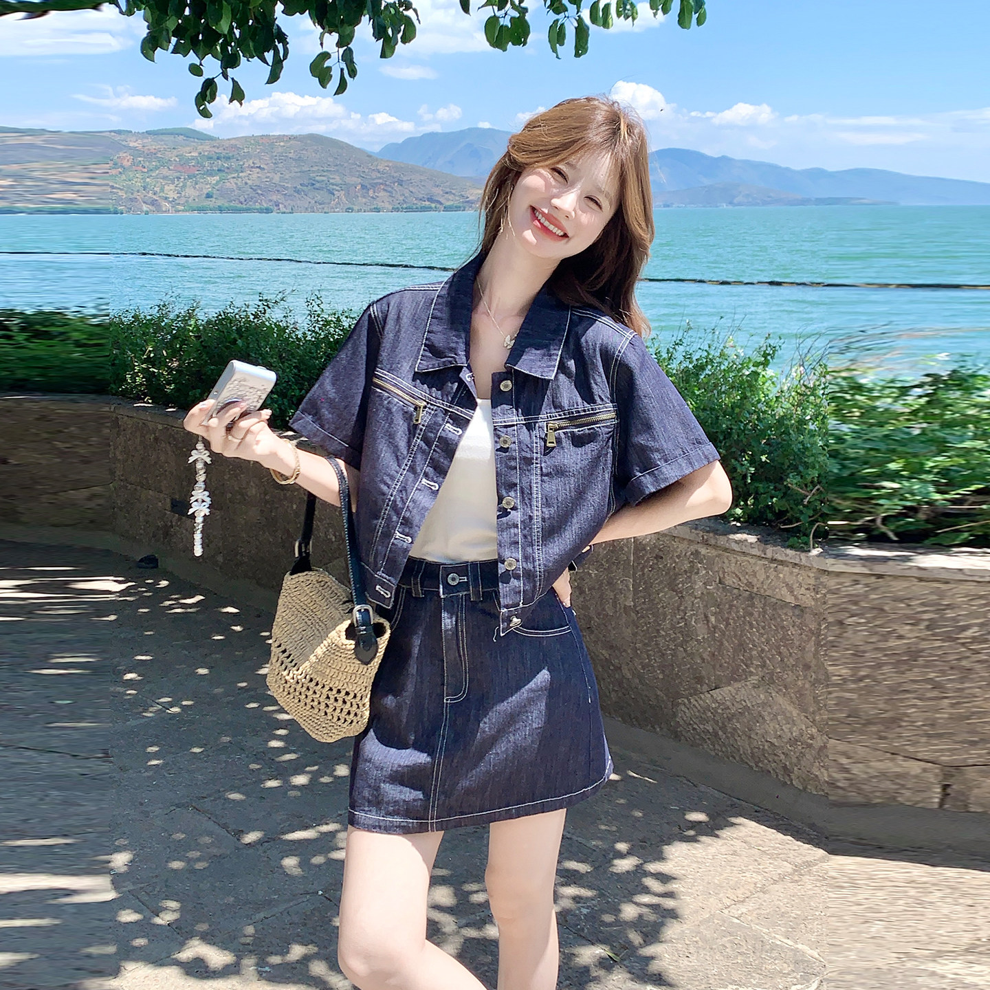 夏季新款牛仔POLO领衬衫套装女