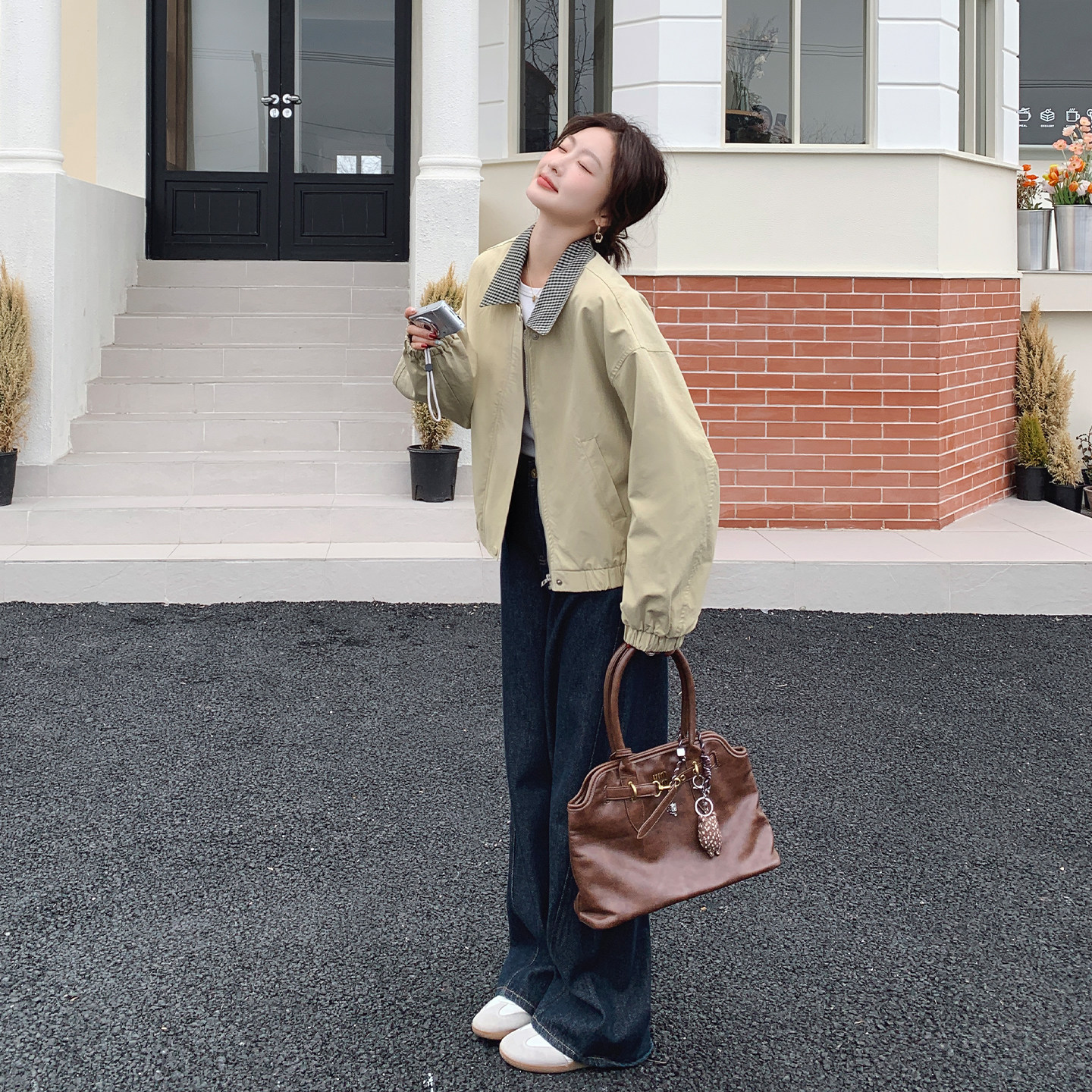 春季格子翻领短外套女小个子减龄