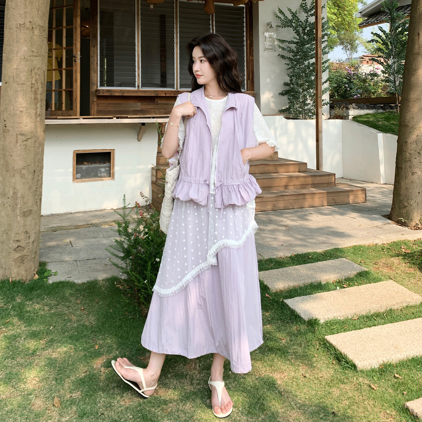 日系甜美蕾丝拼接马甲三件套