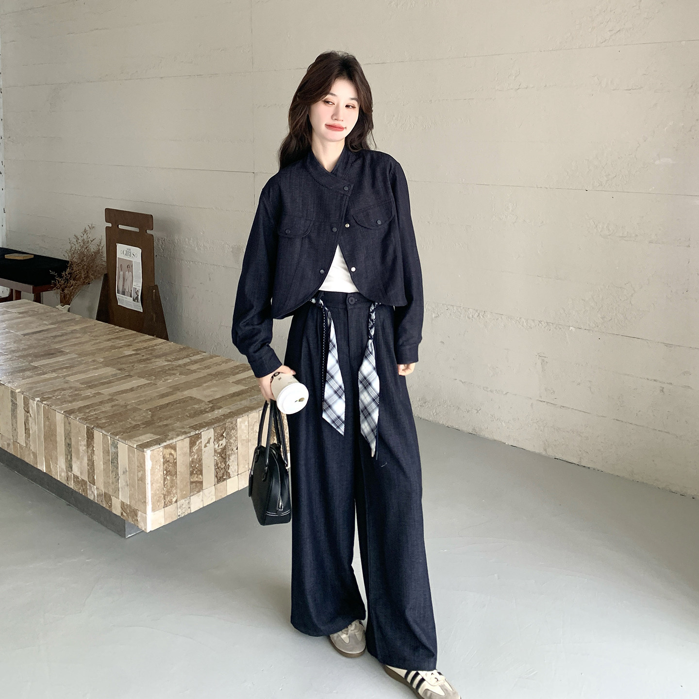 独特设计感时尚套装女2026春新款小个子休闲外套高腰阔腿裤两件套