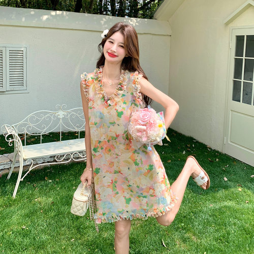 度假风油画印花无袖连衣裙女夏