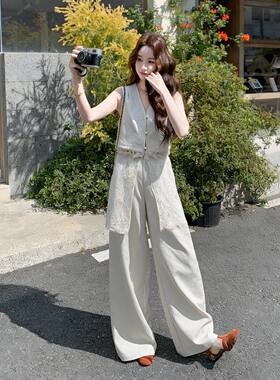 法式高级感优雅气质两件套女2026初夏新款蕾丝拼接马甲直筒裤套装