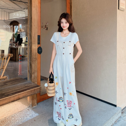 通勤高腰卡通刺绣阔腿背带裤女夏