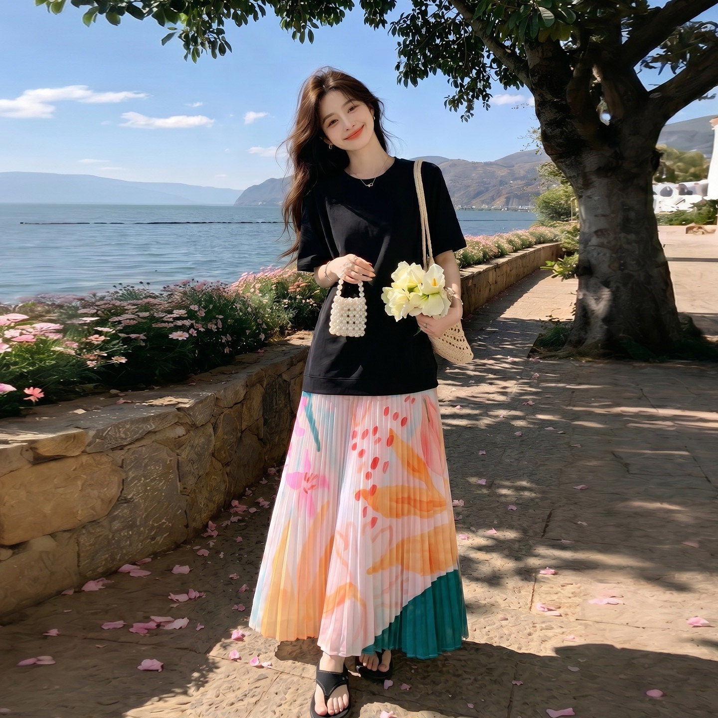 度假风短袖拼接A字长裙女夏