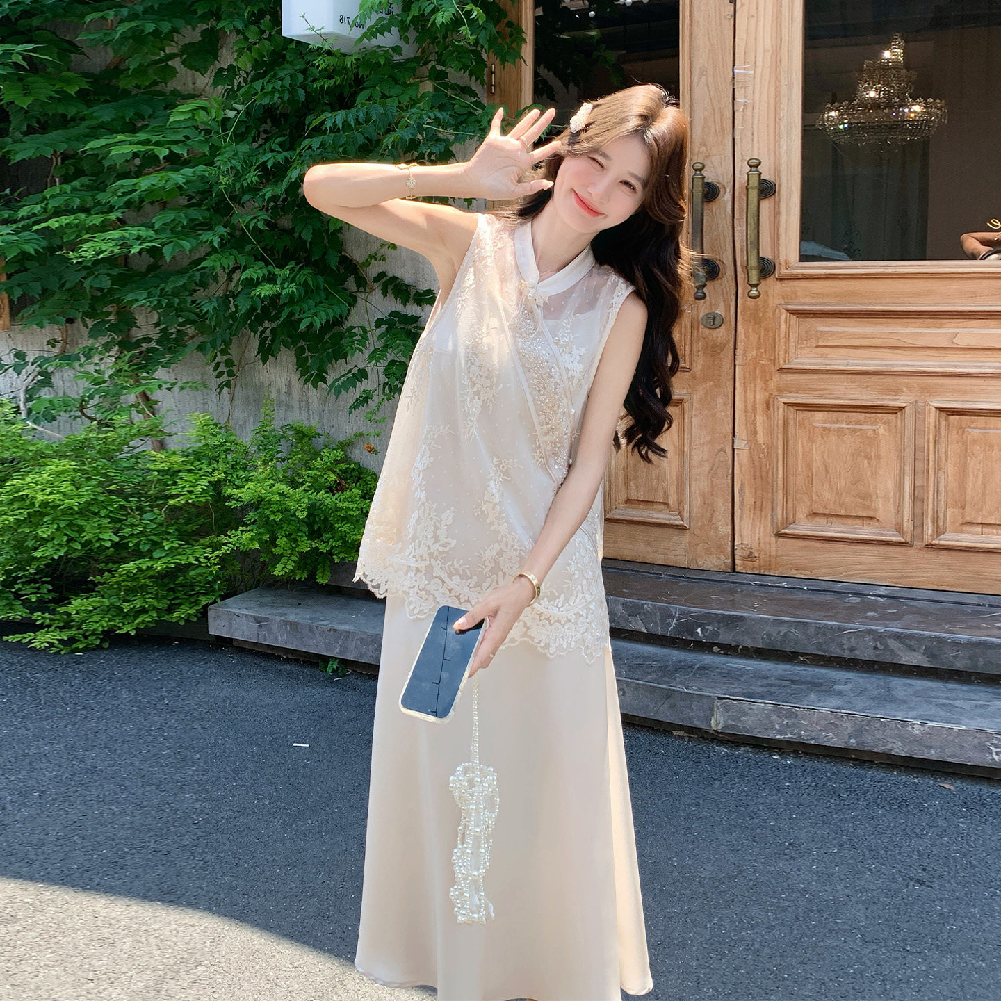 度假风蕾丝刺绣两件套女夏无袖