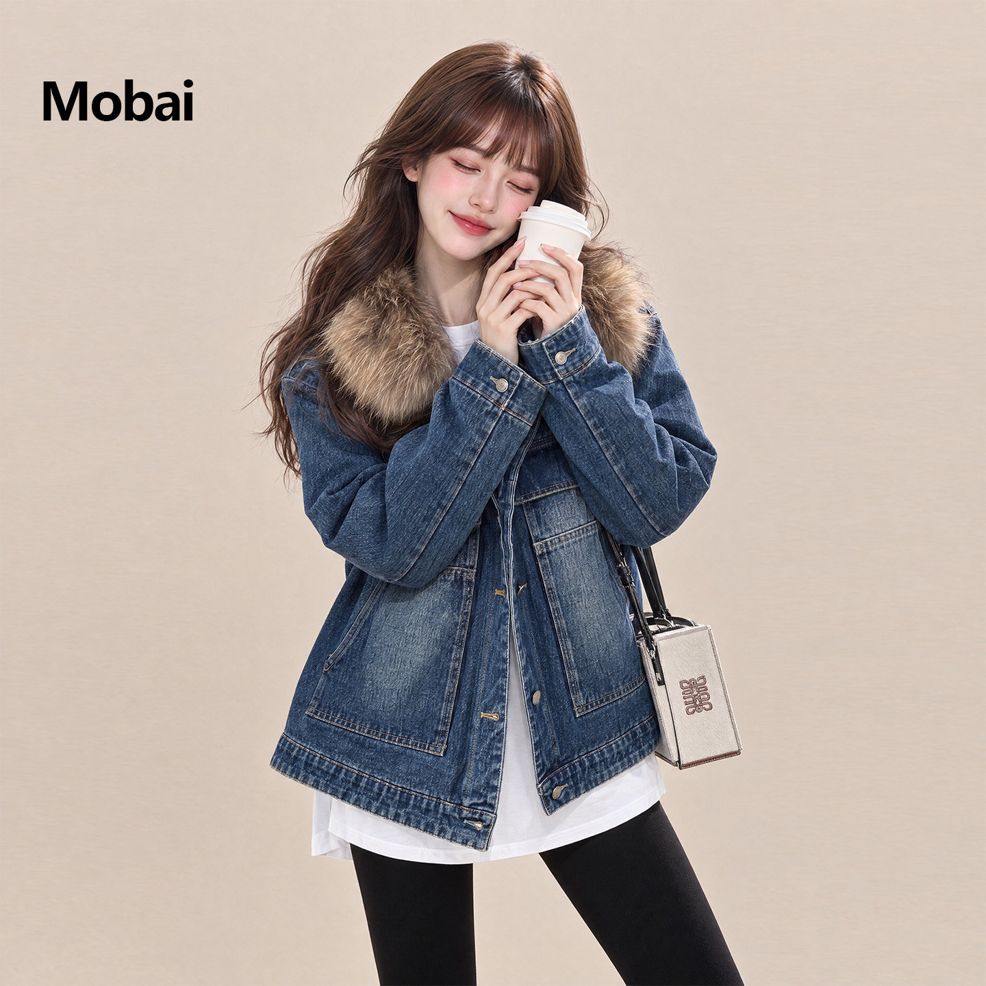 韩系大毛领牛仔羽绒服女保暖