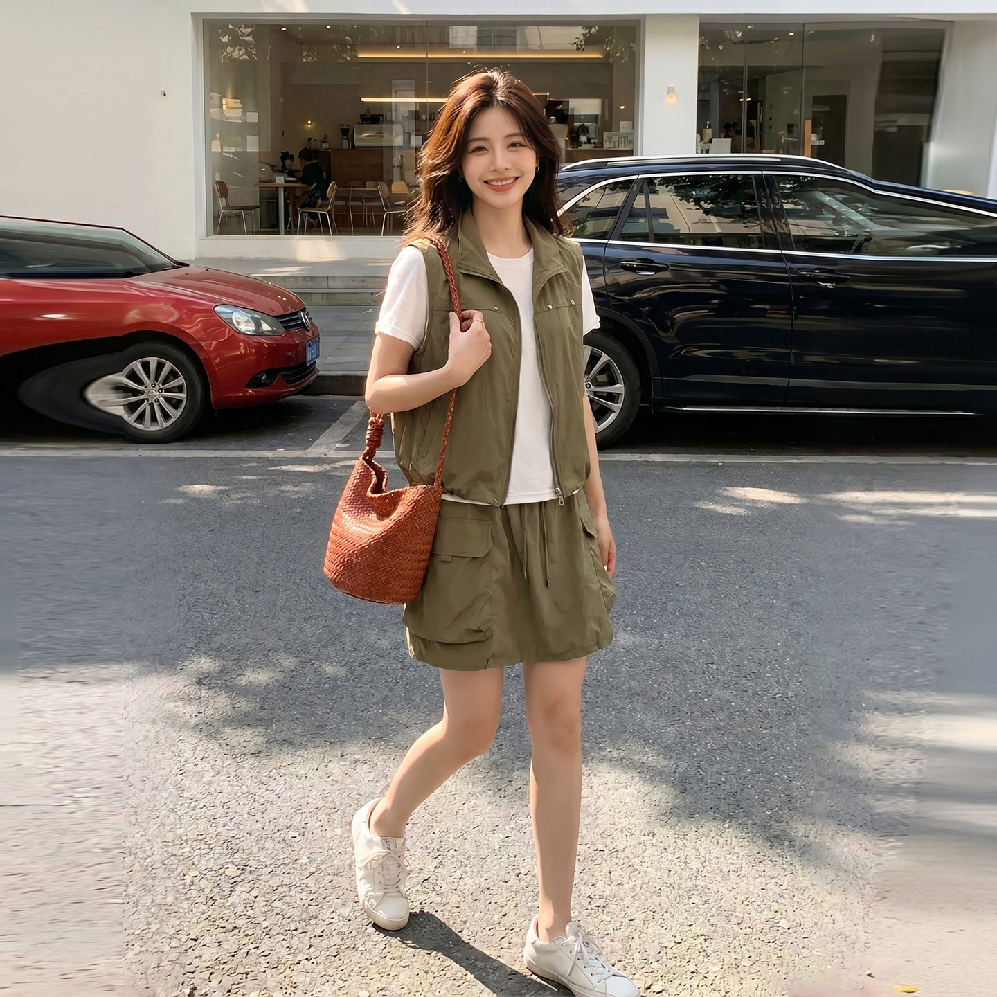 设计感休闲工装套装女2026夏新款韩版时尚马甲T恤抽绳短裤三件套