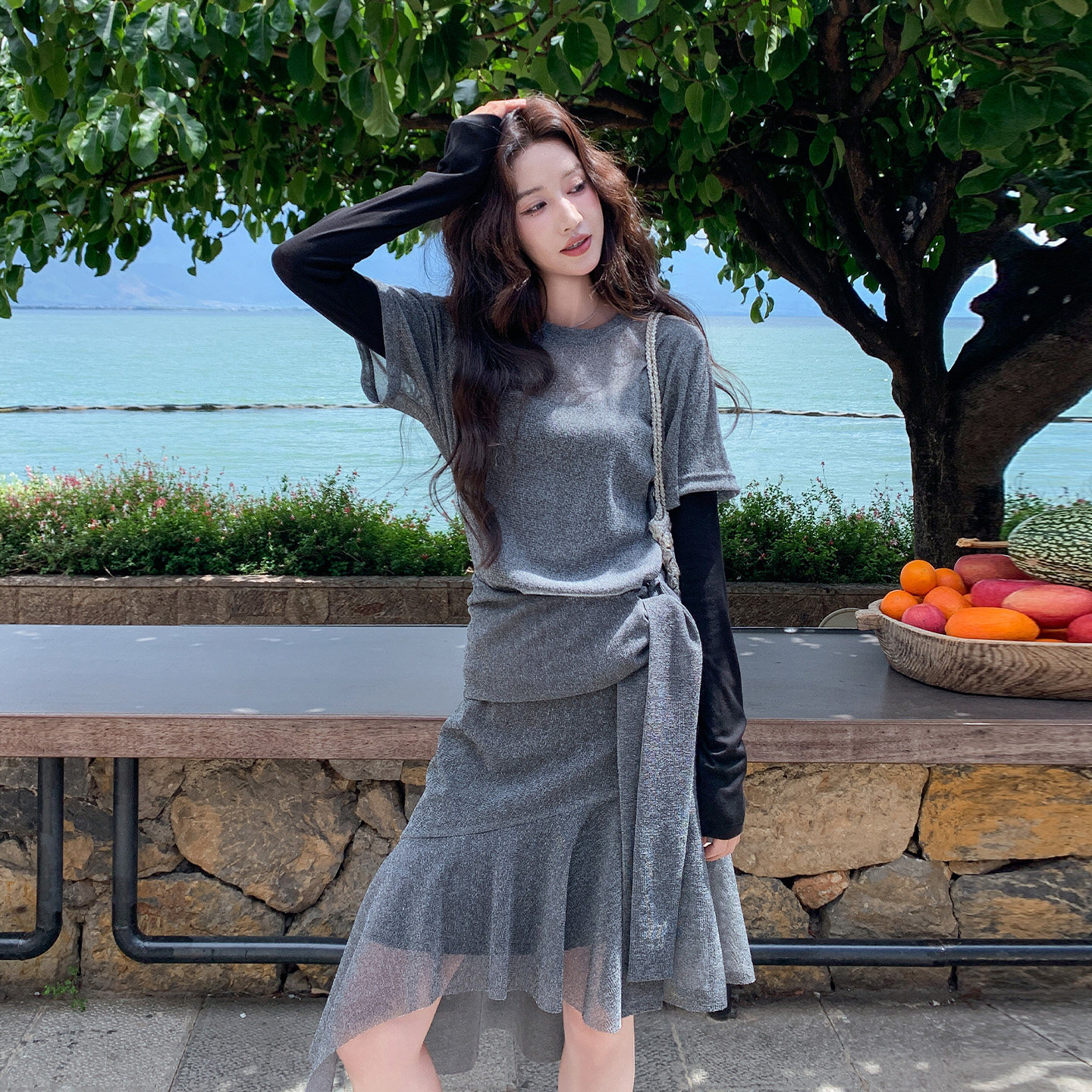韩式ins风松弛感夏日套装女慵懒风短袖上衣拼接半身裙两件套2026