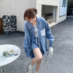 宽松短裤 蕾丝拼接衬衫 两件套 女2026春新款 蓝色韩系扎染慵懒风套装