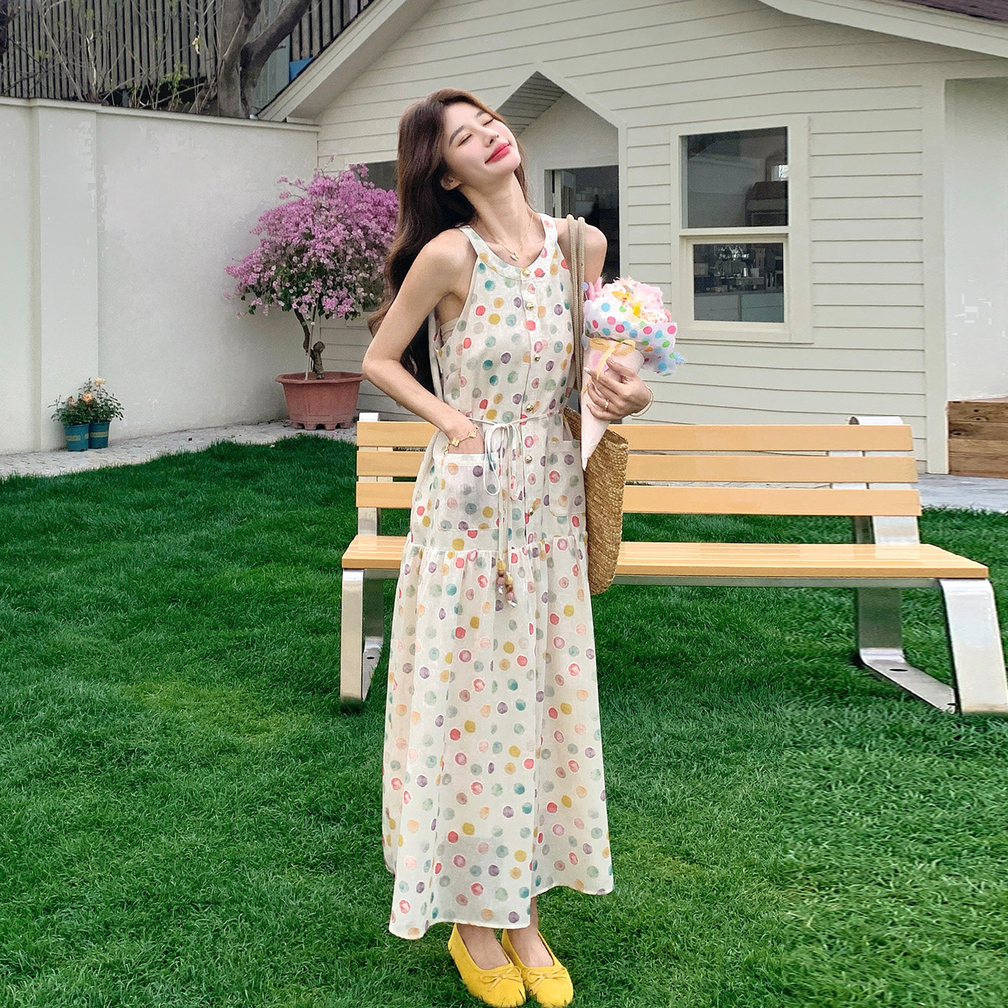 甜美少女风波点挂脖连衣裙女夏