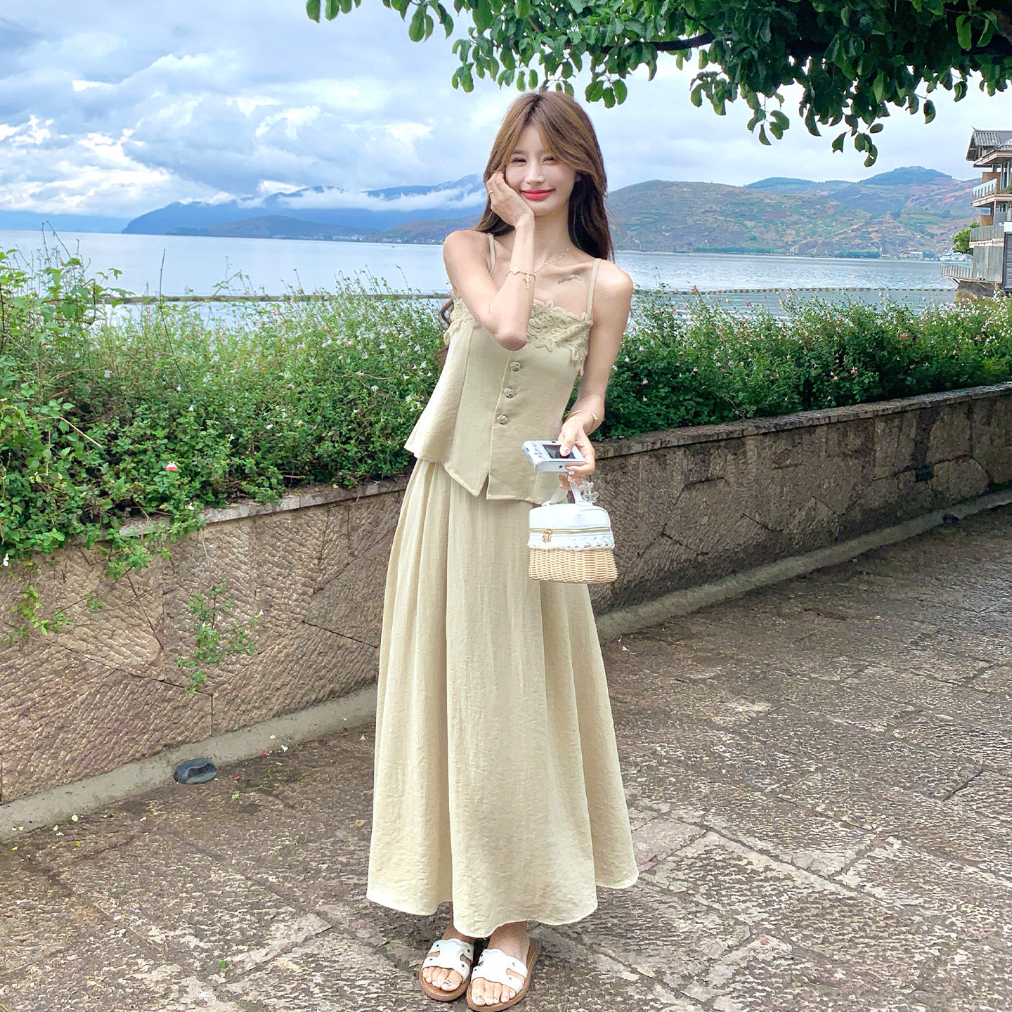 法式度假风吊带套装女夏季荷叶边