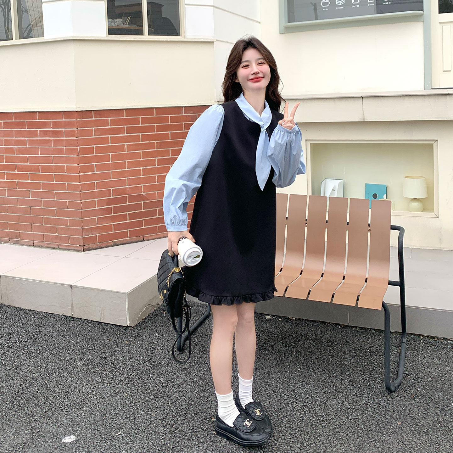 韩系小个子减龄花边背心连衣裙套装女2026早春新款领结内搭两件套