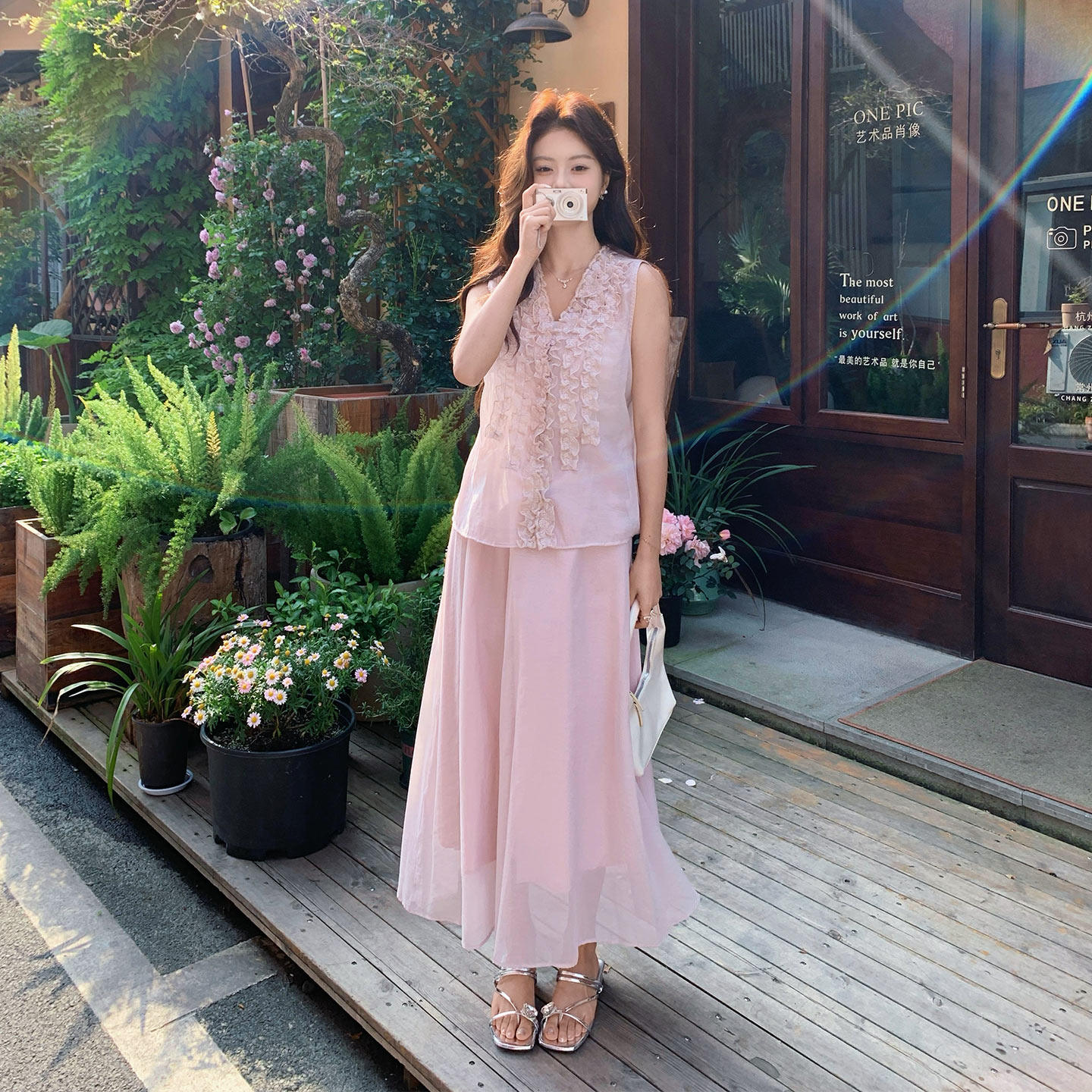 粉色温柔甜美淑女风套装夏日减龄木耳边V领上衣半身裙两件套2026