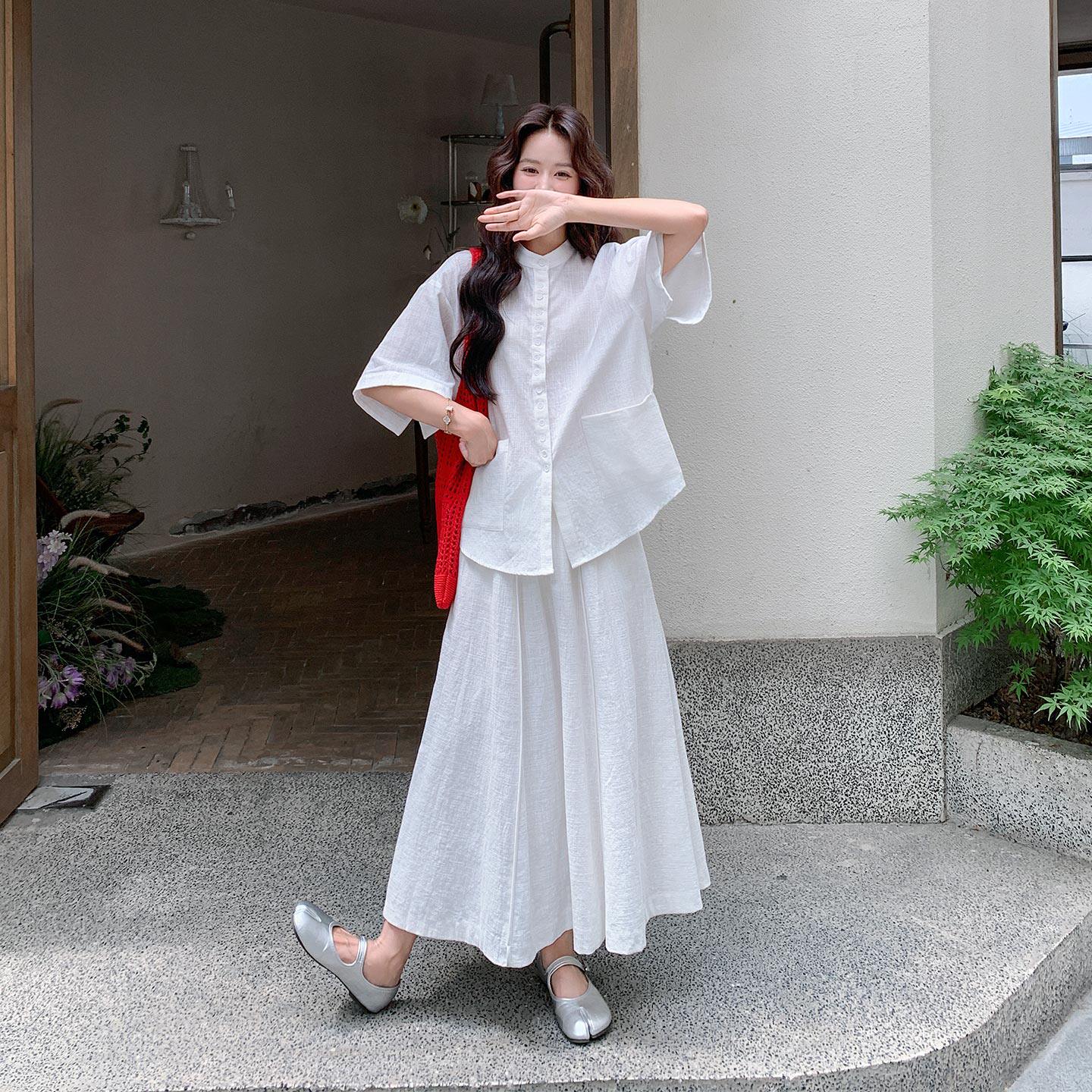 夏日韩版休闲极简风套装女2026新款温柔风衬衫高腰半身裙两件套