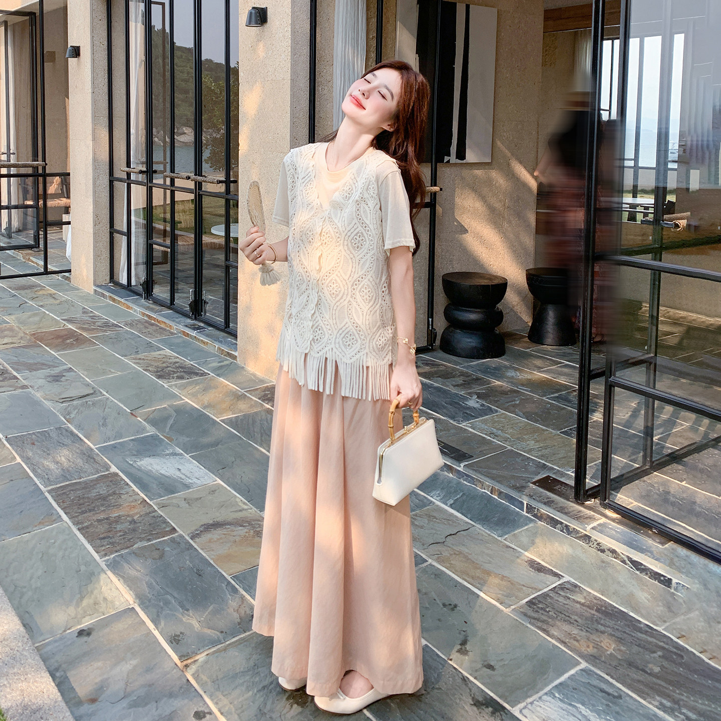 法式浪漫休闲风流苏马甲套装女夏日短袖内搭阔腿裤三件套2026新款