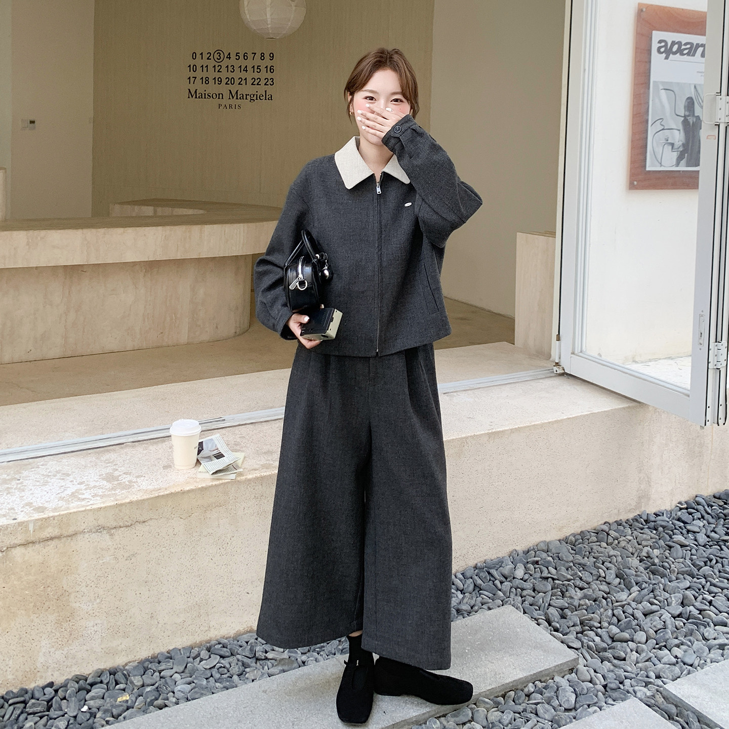 灰色通勤百搭简约风套装女小个子2026春新款撞色上衣阔腿裤两件套