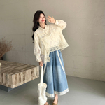 减龄不规则镂空蕾丝衬衫套装女2026春季新款花边拼接牛仔裤两件套