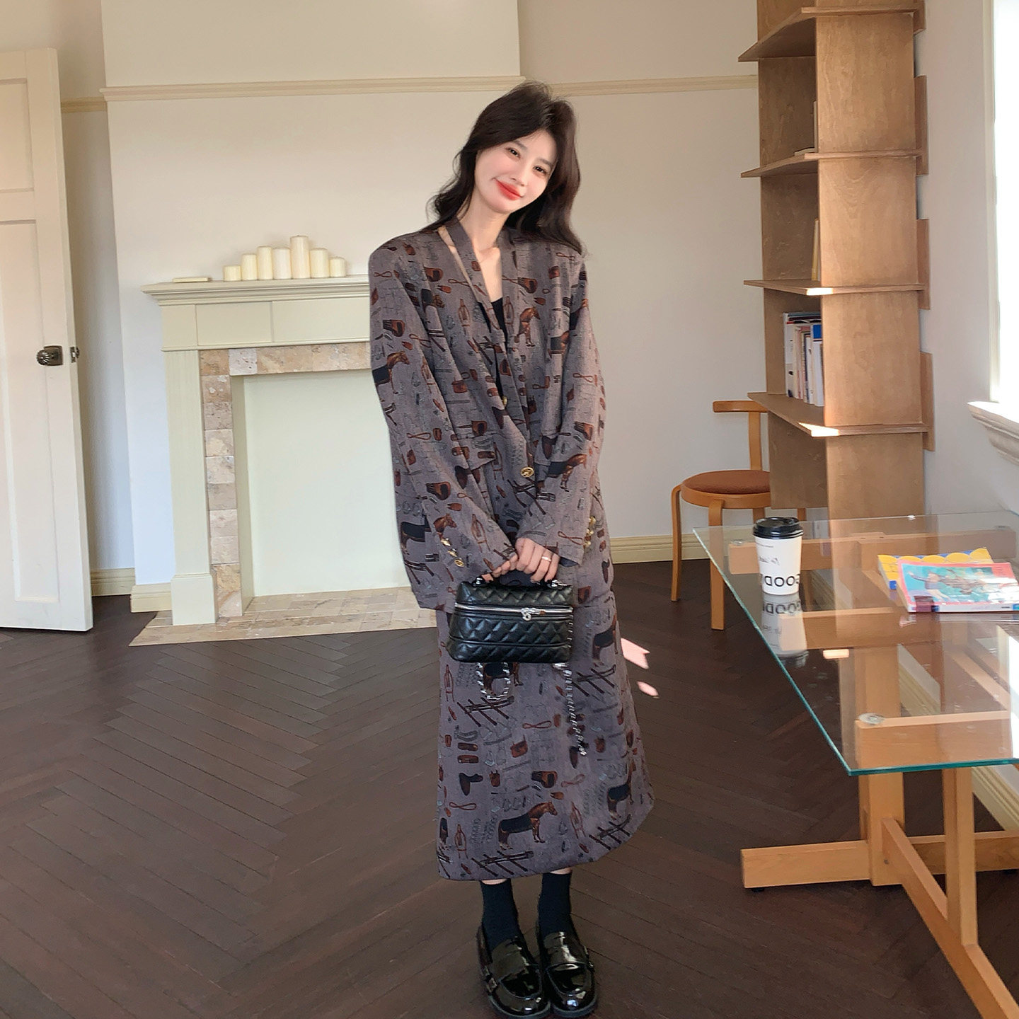 咖色复古姐感气场穿搭印花西装套装女2026春新款上衣半身裙两件套