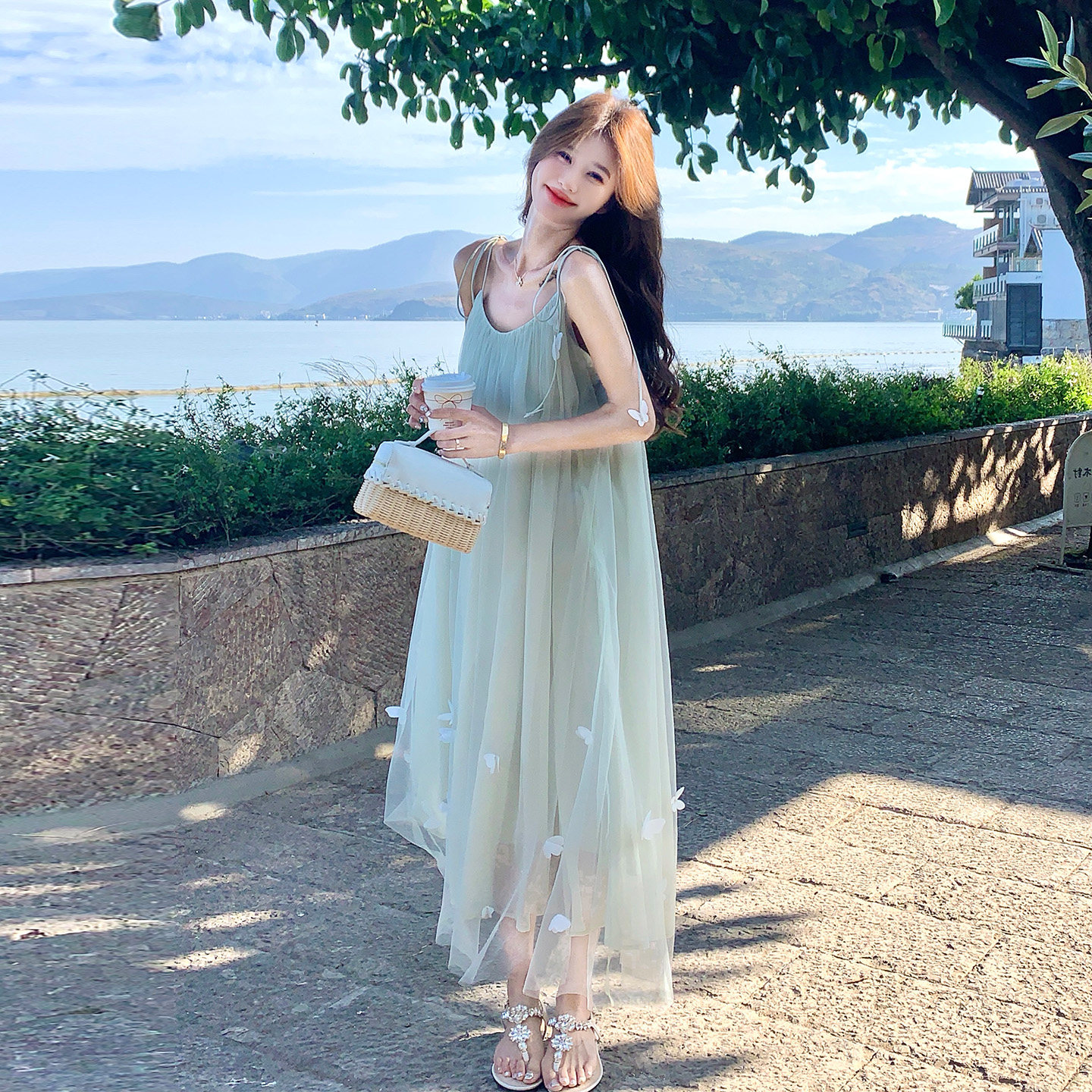 度假网纱吊带连衣裙女仙女裙绿色