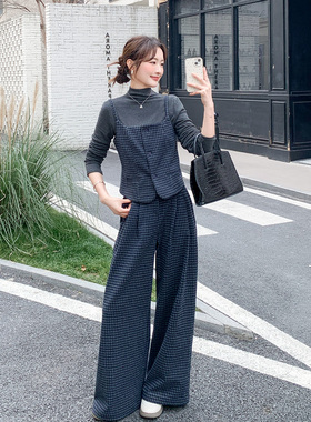 灰色小众轻熟风格纹套装女2026春季新款时尚吊带内搭阔腿裤三件套