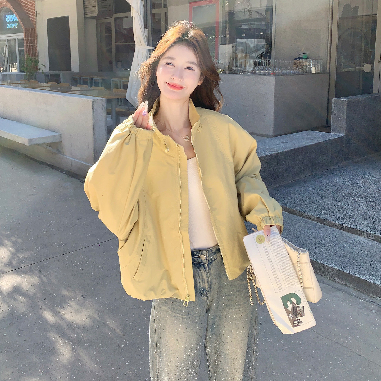 黄色慵懒风立领短外套女秋季