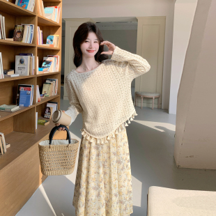 法式森系优雅风套装女针织流苏罩衫碎花半身裙两件套2026春季新款