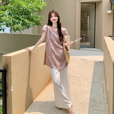 夏甜美印花上衣阔腿裤两件套