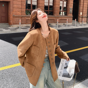 咖色法式复古高级感麂皮绒外套女2026初春新款老钱风气质圆领上衣