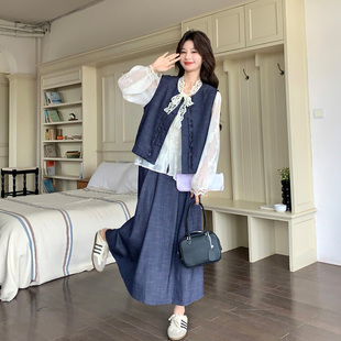 蕾丝内搭半身裙三件套 女2026早春新款 深蓝色法式 气质花边马甲套装