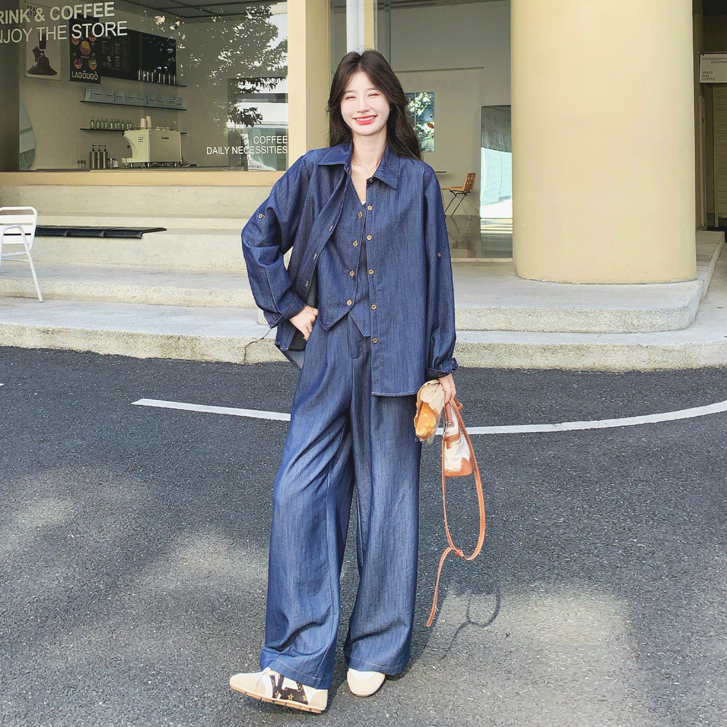 韩系牛仔假两件显瘦女套装秋款