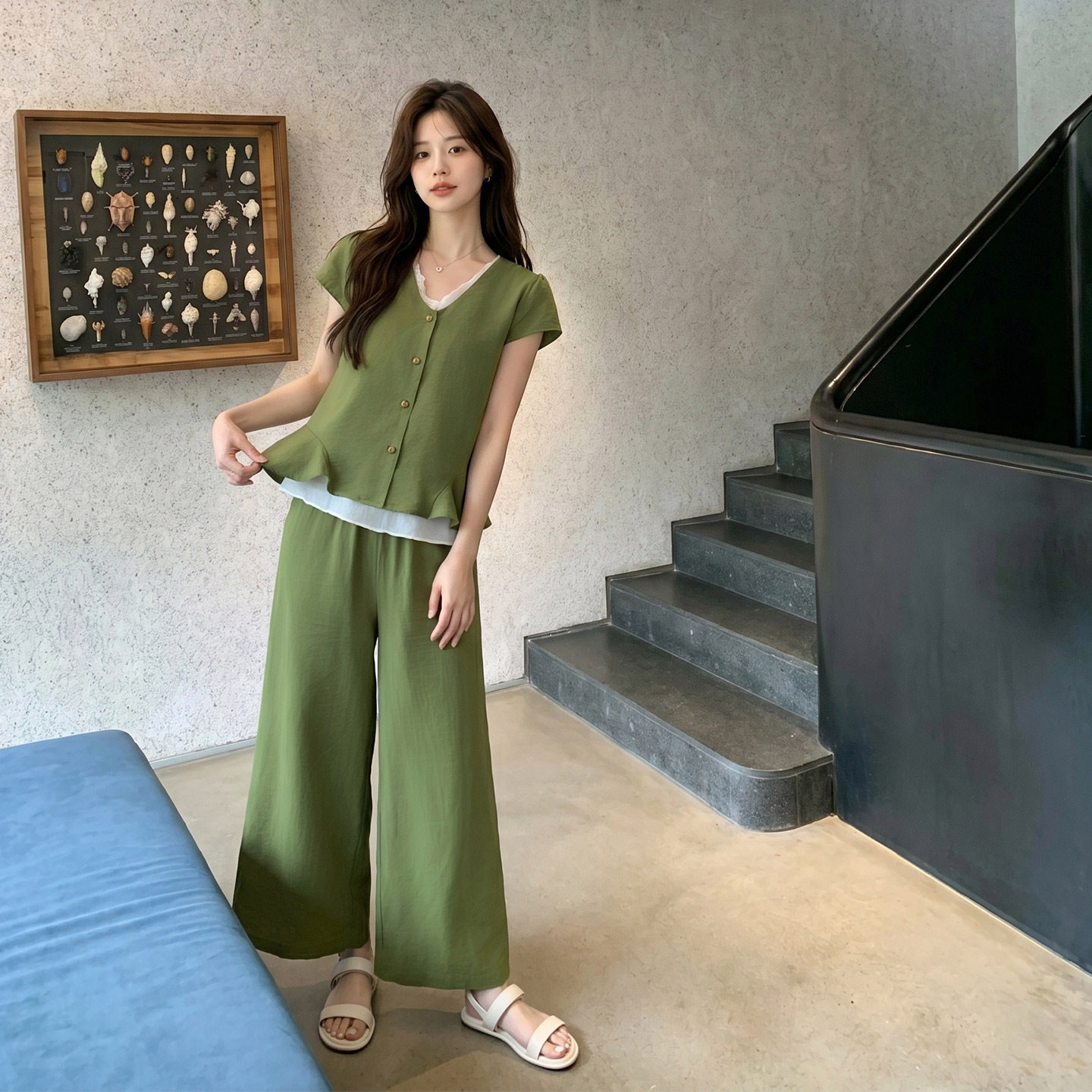 韩版休闲洋气时尚穿搭女2026新款V领短袖衬衫内搭背心长裤三件套