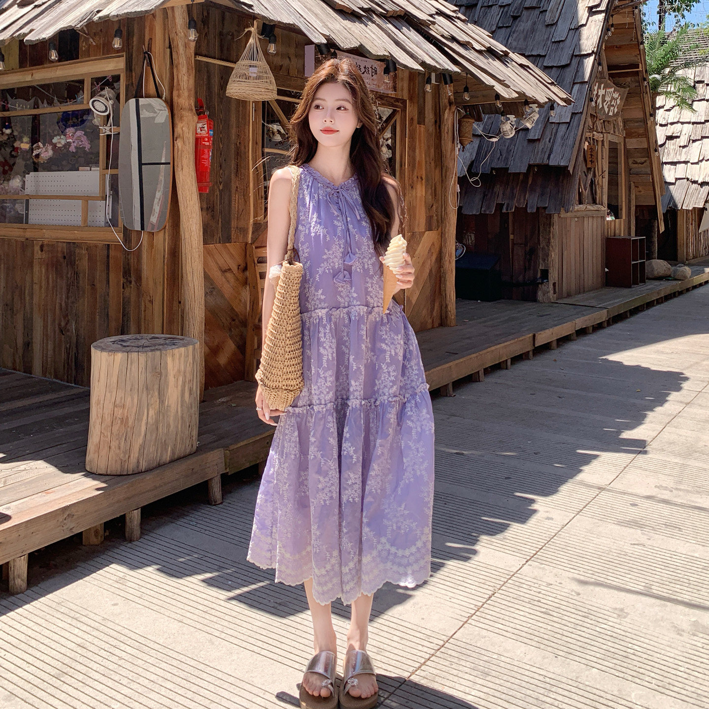 温柔风无袖碎花连衣裙女夏紫色