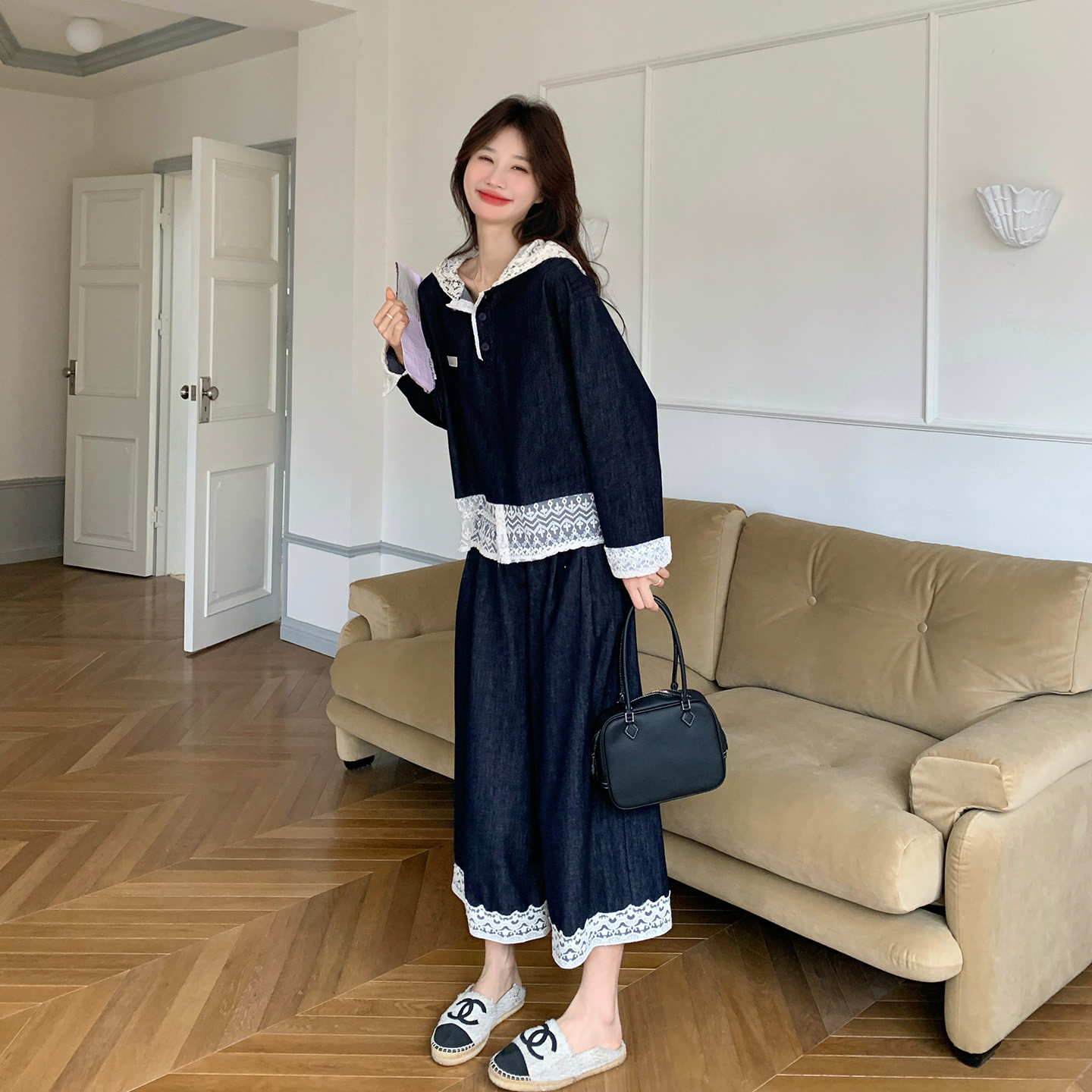 早春韩系小个子穿搭蕾丝拼接套装女2026时尚上衣高腰阔腿裤两件套