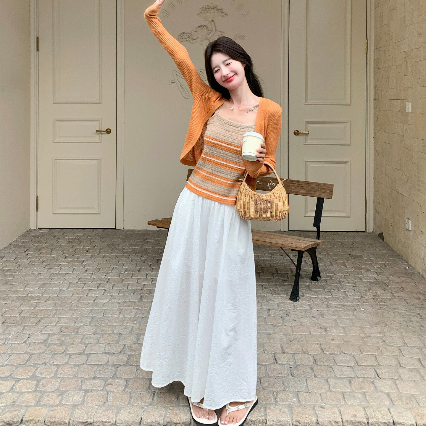 韩系条纹开衫吊带阔腿长裤女夏