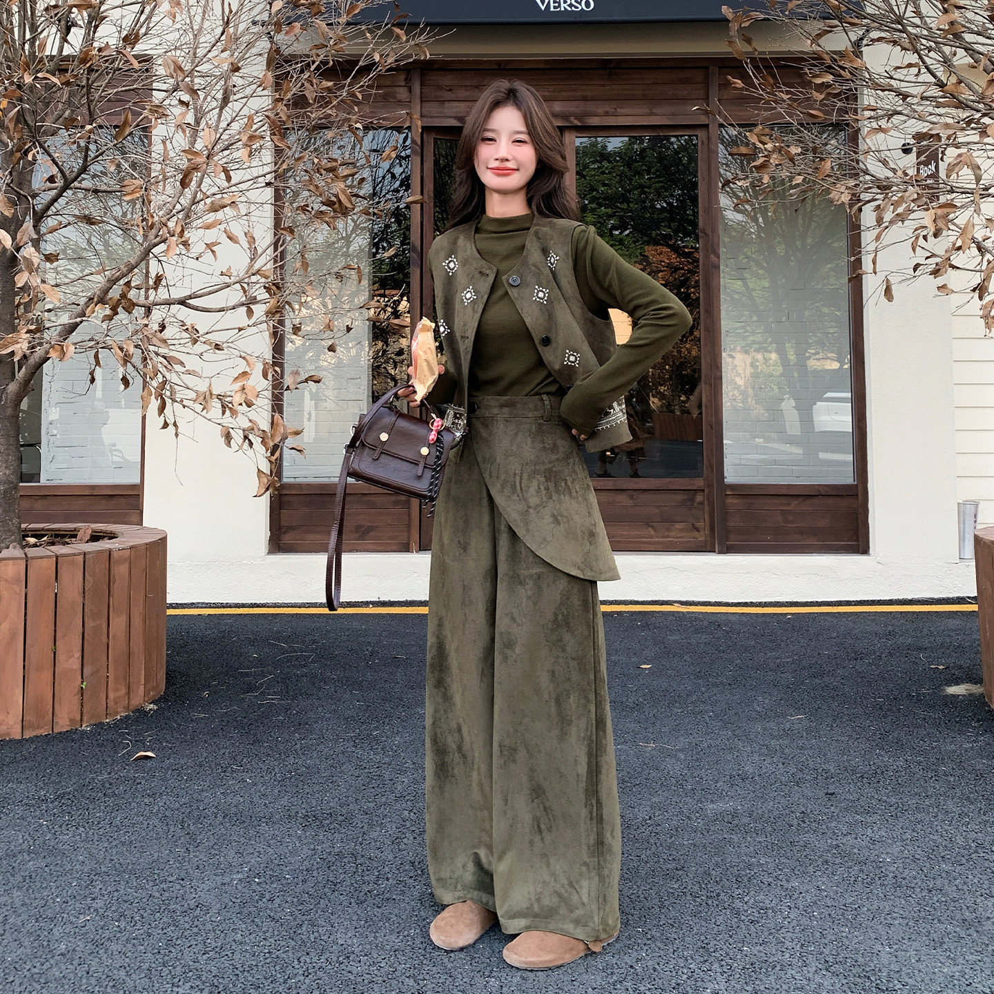 复古橄榄绿蕾丝马甲裤三件套