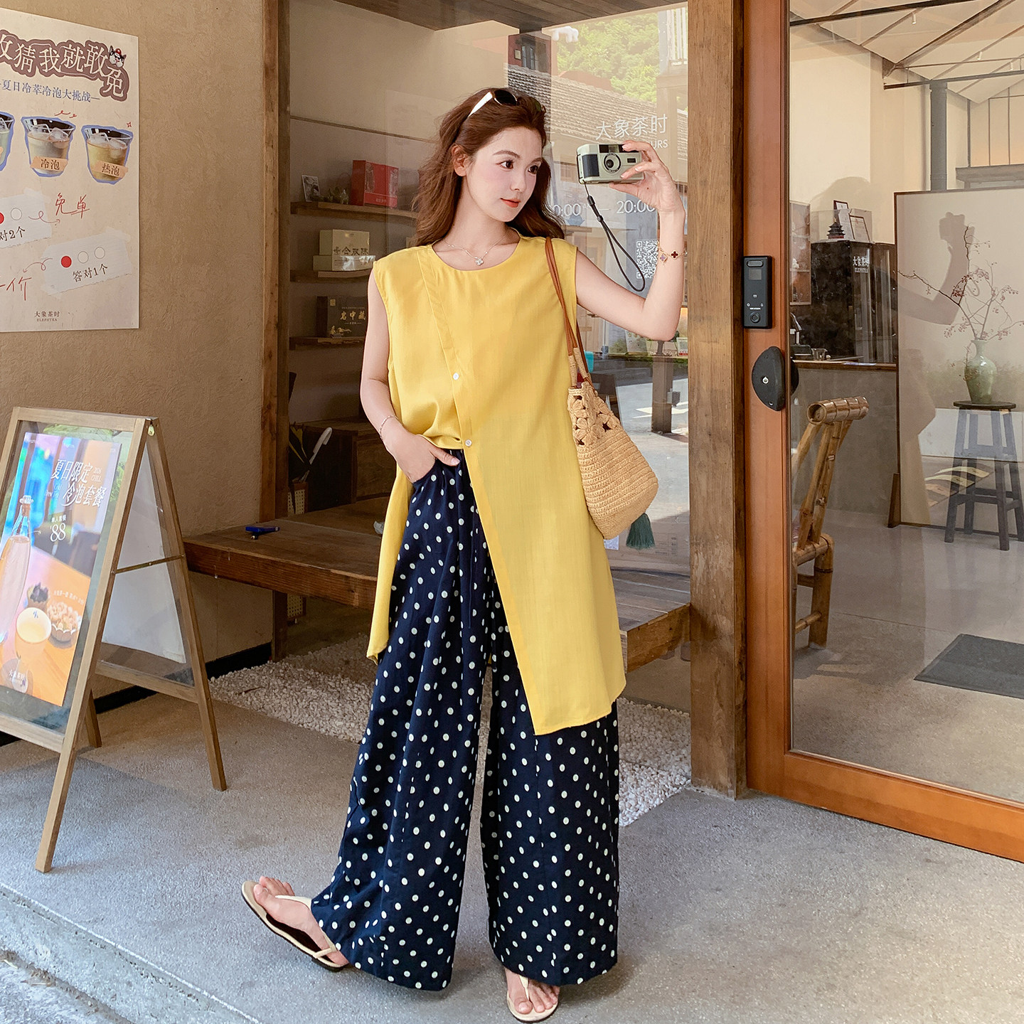 韩系松弛感休闲套装女2026夏新款时尚不规则背心波点阔腿裤两件套