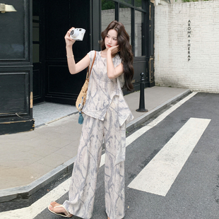 小众轻熟设计感夏日扎染套装女2026新款收腰系带上衣阔腿裤两件套
